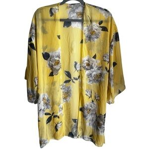 I Joah Yellow Floral Sheer Cover-Up Open Front Gray White Blooms Size Small